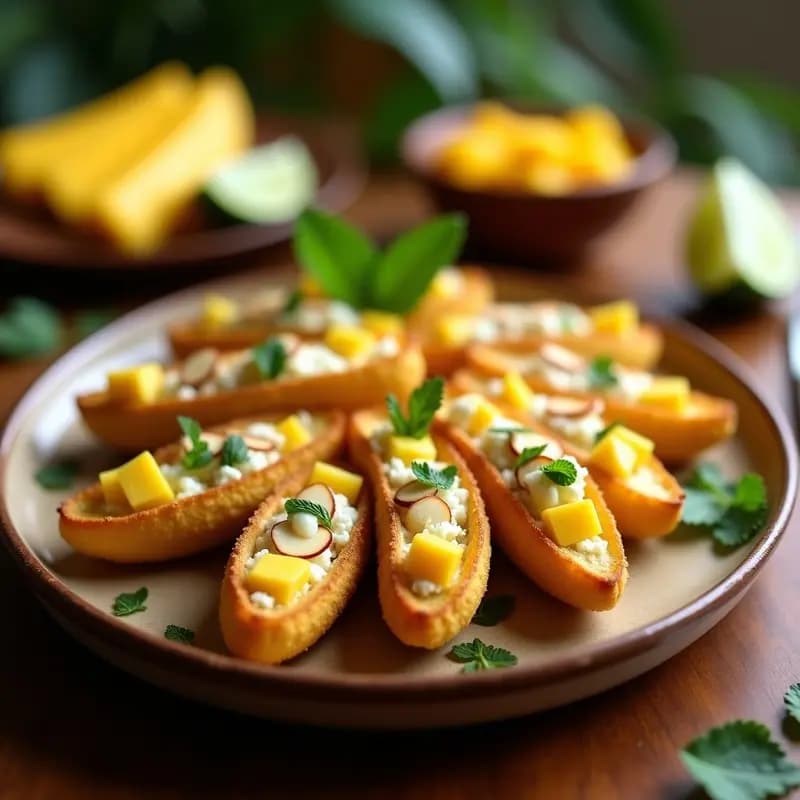 Bánicas dominicanas doradas y crujientes rellenas de queso de cabra cremoso y trozos de mango jugoso, servidas en un plato de madera rústico con hojas de cilantro fresco y nueces picadas. Receta caribeña en airfryer.