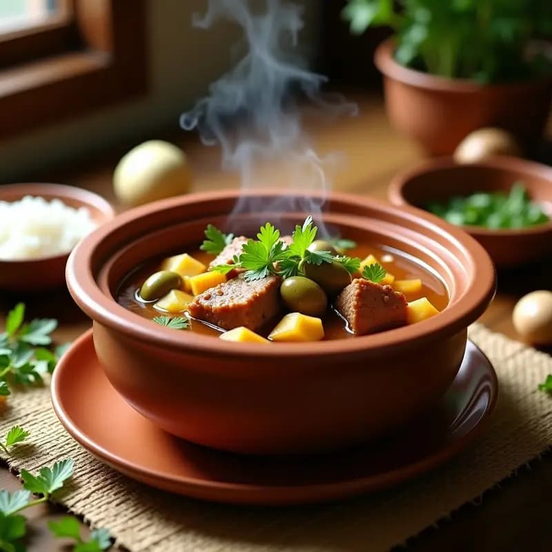 Olla de barro humeante con banimida de carita de cerdo y yuquitas, trozos de carne dorada y rodajas de yuca en un caldo espeso, decorado con culantro fresco. Plato tradicional puertorriqueño.