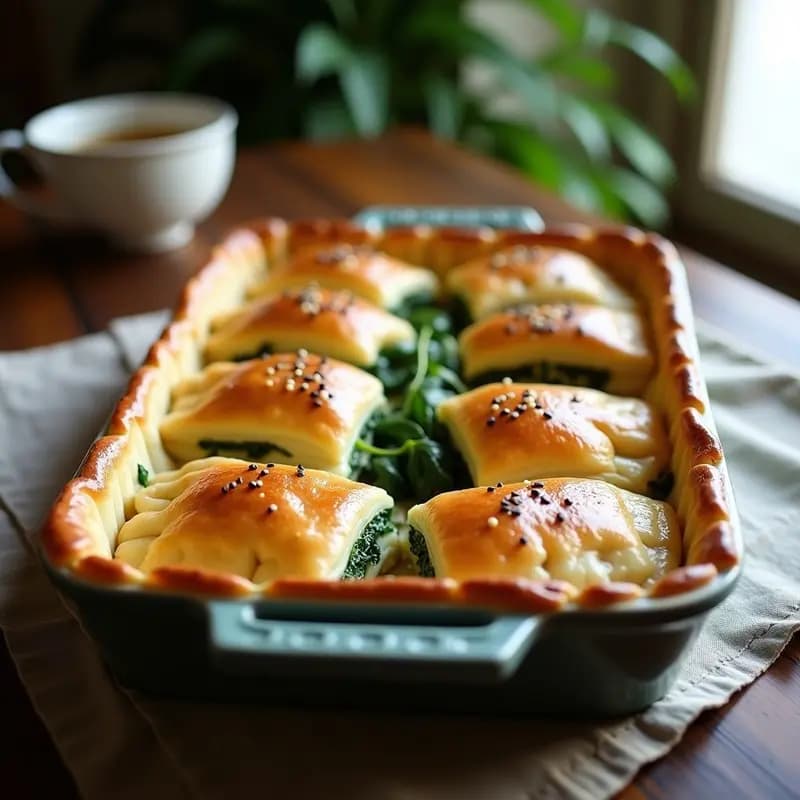 Banitsa búlgara dorada y crujiente en molde rectangular, con capas de hojaldre sin gluten rellenas de queso blanco y espinacas, espolvoreada con semillas de sésamo negro, servida en porciones triangulares sobre tabla de madera rústica.