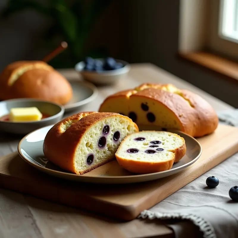 Bannock escocés dorado recién horneado con arándanos visibles en su interior, cortado en porciones sobre una tabla de madera rústica. Receta de pan rápido para desayunar.