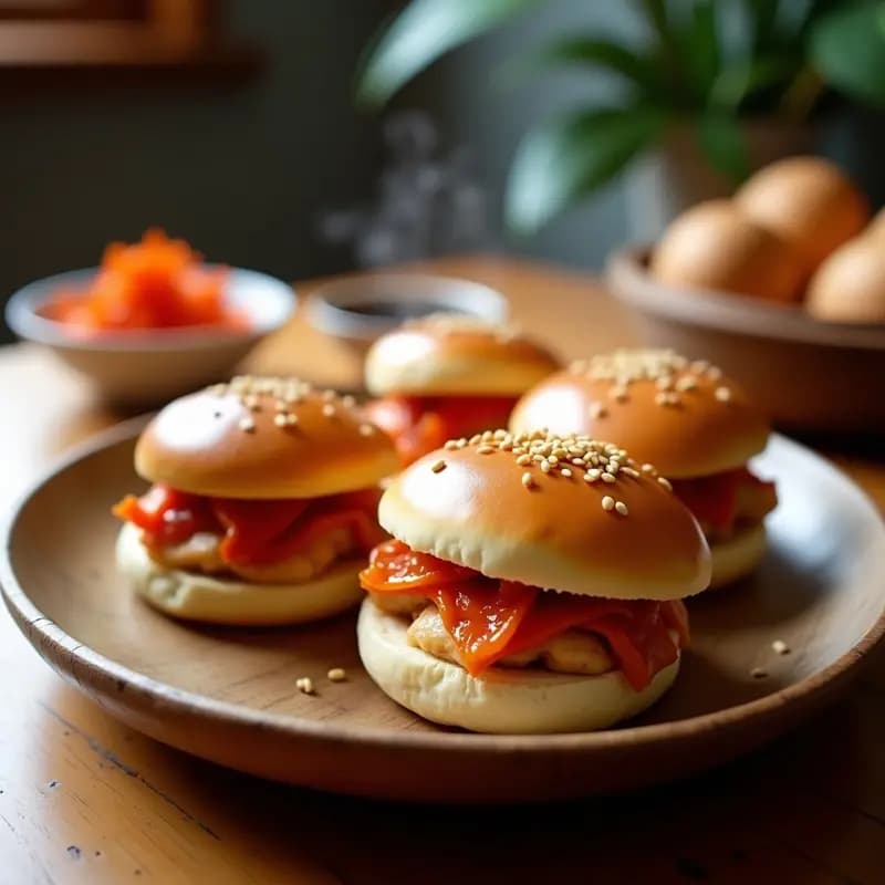 Bao bun dorados y esponjosos rellenos de pollo jugoso y kimchi colorido, cocinados en airfryer, servidos en un plato de madera con semillas de sésamo espolvoreadas y acompañados de más kimchi.