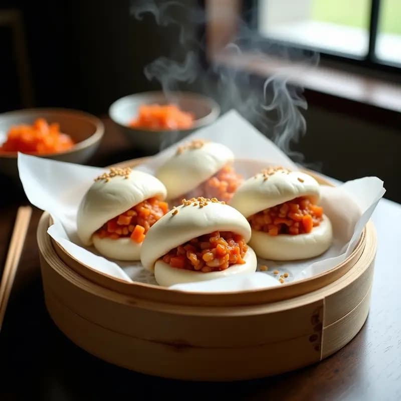 Bao Buns al vapor taiwaneses rellenos de cerdo desmenuzado y kimchi de rábano daikon, servidos en vaporera de bambú con semillas de sésamo y cilantro fresco.