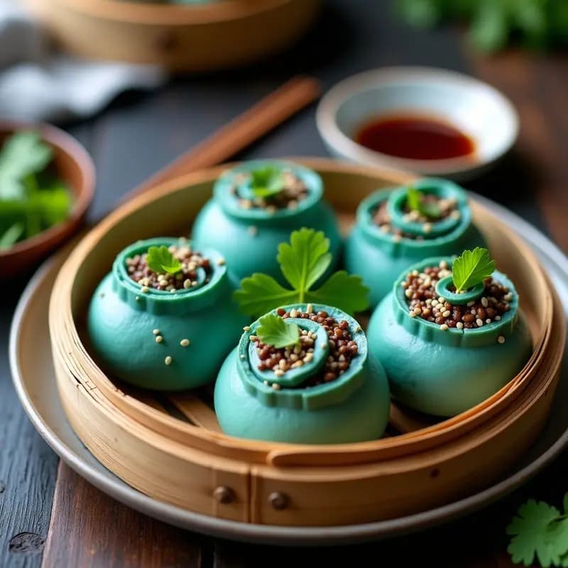 Plato blanco con bao buns taiwaneses veganos al vapor, de color verde azulado por la espirulina, rellenos de champiñones portobello salteados, decorados con cilantro fresco y semillas de sésamo. Fondo borroso con vapor y utensilios de bambú.