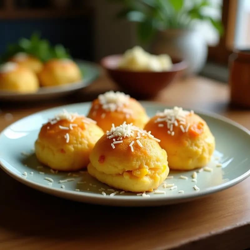 Bao buns de masarepa dorados y esponjosos, abiertos por la mitad para mostrar su relleno cremoso de leche de coco y trozos de mango fresco, servidos sobre papel de hornear con un fondo rústico de madera.