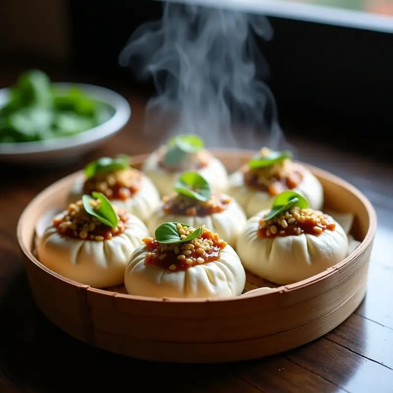 Bao buns al vapor rellenos de pato Pekín marinado y hojas de shiso, con semillas de sésamo tostadas por encima, servidos en vaporera de bambú sobre fondo oscuro.