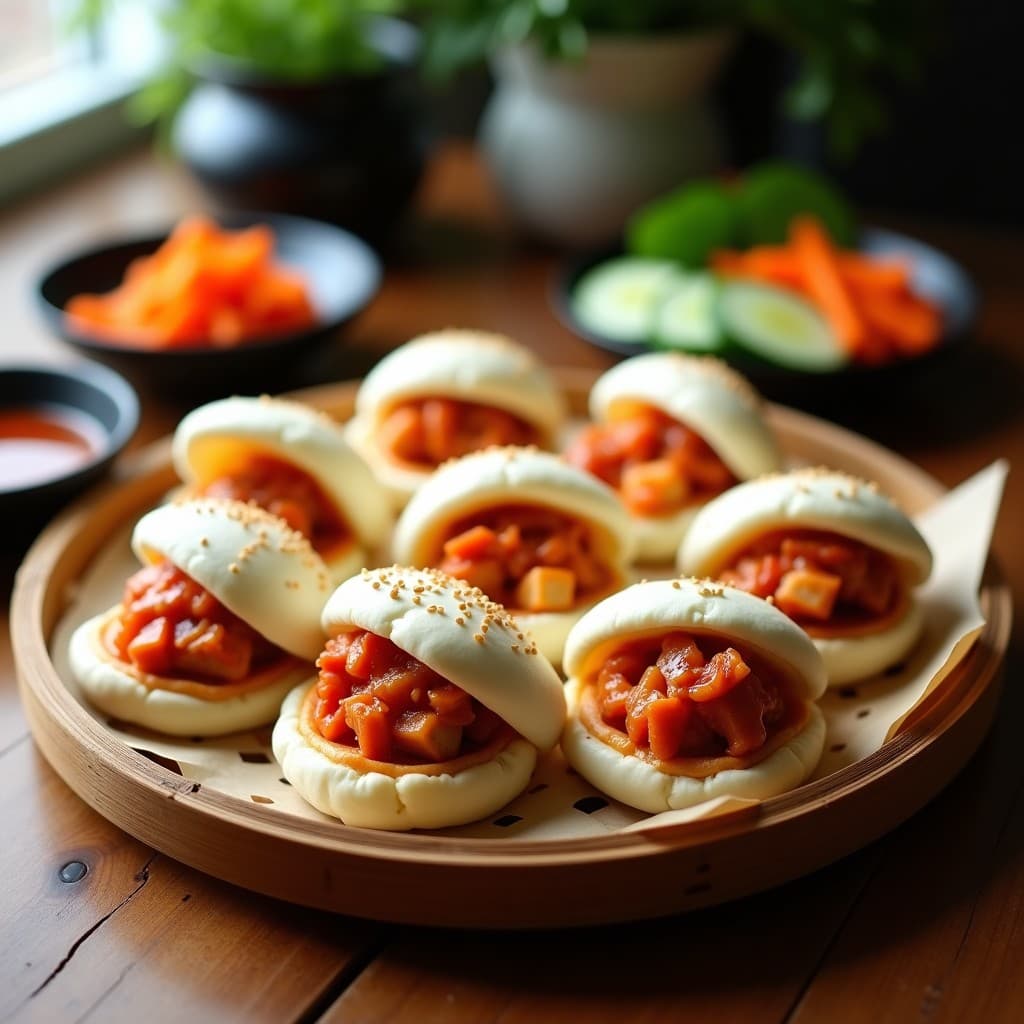 Bao Buns al vapor rellenos de pollo teriyaki brillante y kimchi fermentado, servidos en bandeja de bambú con semillas de sésamo espolvoreadas, receta fusion japonesa-coreana en Thermomix.