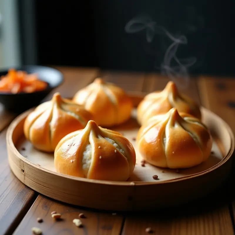 Bao buns veganos de tofo y kimchi fermentados, dorados y esponjosos, servidos en una bandeja de bambú con semillas de sésamo tostadas y un poco de salsa de soja negra. Receta china en airfryer.