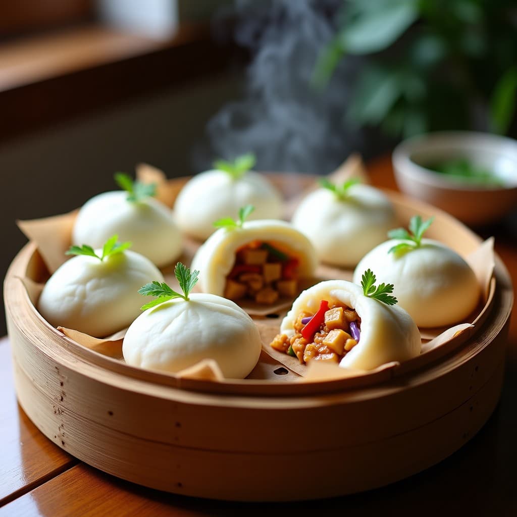 Bao buns veganos al vapor rellenos de tofu marinado, con textura esponjosa y dorada, decorados con cilantro fresco. Plato típico chino adaptado a receta vegana en Thermomix.