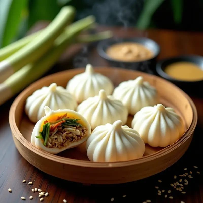 Bao Buns veganos tailandeses al vapor, rellenos de jackfruit desmenuzado y col china, con pliegues en abánico, servidos en una vaporera de bambú sobre fondo de hojas de plátano.