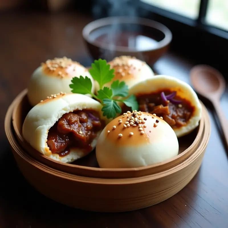 Plato blanco con 3 bao de cerdo asado al vapor, abiertos mostrando el relleno de lomo de cerdo dorado, cebolla morada y cilantro, bañados en salsa hoisin brillante, sobre fondo de bambú.