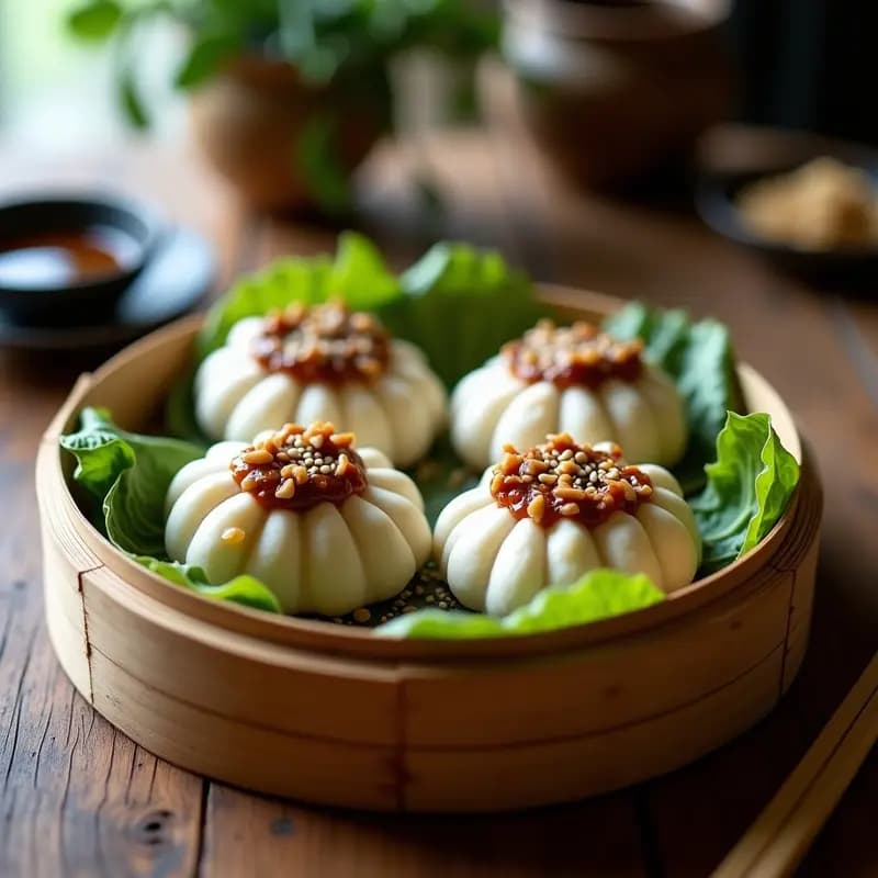 Plato de vaporera de bambú con Bao de Cerdo Estilo Shanghai al vapor, masa esponjosa y relleno de cerdo jugoso con champiñones shiitake, bañados en salsa hoisin y decorados con semillas de sésamo.