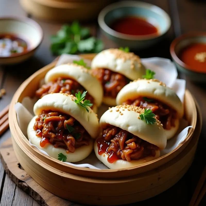 Plato de bambú con seis bao de cerdo desmenuzado al vapor, rellenos de cerdo jugoso con salsa hoisin, decorados con cilantro fresco y servidos sobre papel de horno, receta china en olla express.