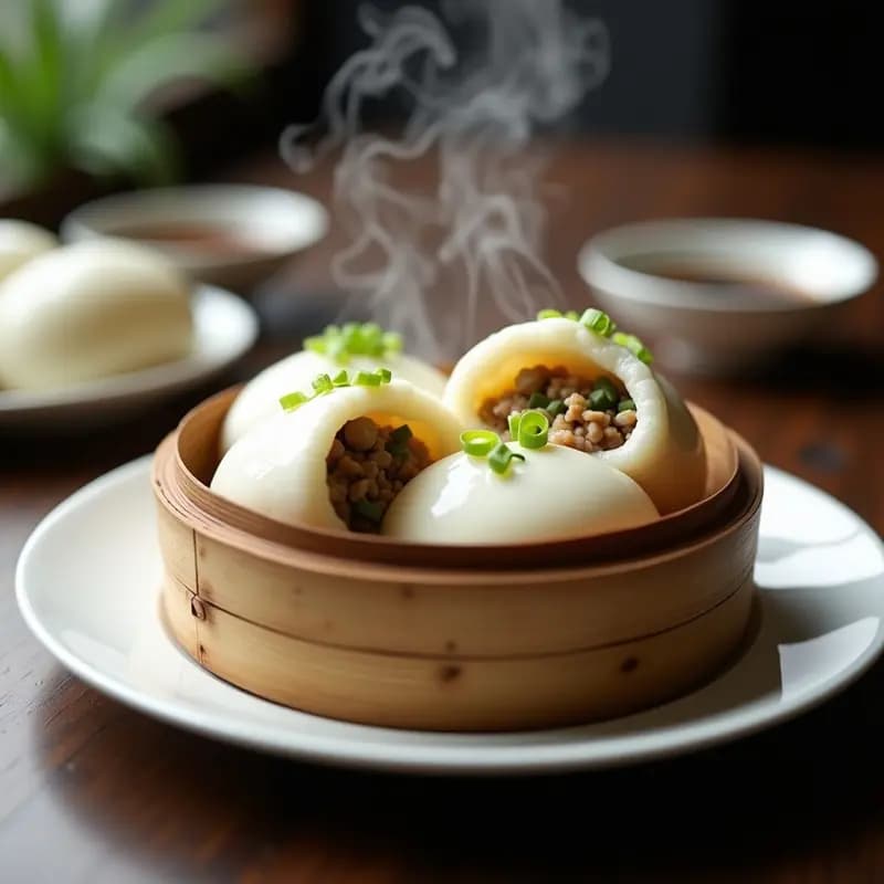 Vaporera de bambú con bao de cerdo y hojas de loto al vapor, masa blanca y esponjosa rellena de cerdo jugoso y trozos verdes de hoja de loto, servidos en un plato de porcelana blanca con cebollino picado encima.