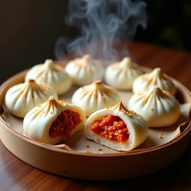 Panecillos chinos al vapor (bao) rellenos de cerdo y kimchi, con semillas de sésamo, servidos en una bandeja de bambú sobre papel de hornear, con vapor visible y fondo desenchado.