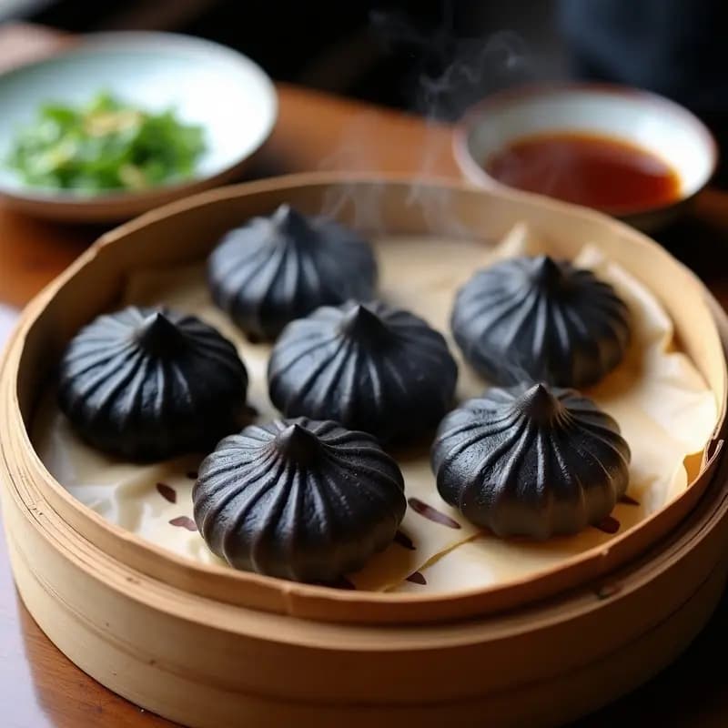 Bao taiwanés al vapor con panecillos negros de arroz negro, rellenos de cerdo marinado, dispuestos en vaporera de bambú sobre papel de horno, acompañados de salsa hoisin oscura y cebollino picado.