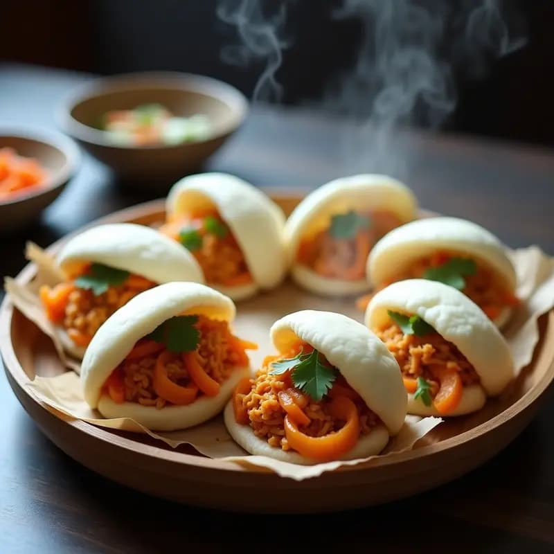 Bao veganos al vapor con relleno de jackfruit desmenuzado y encurtidos de zanahoria naranja, servidos en un plato de bambú con hojas de cilantro fresco, receta china tradicional sin carne.