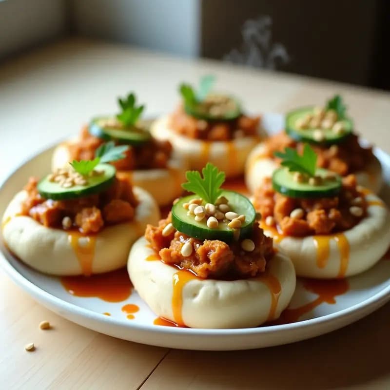 Panecillos chinos al vapor (bao veganos) rellenos de jackfruit desmenuzado en salsa hoisin, decorados con semillas de sésamo y cilantro fresco sobre papel de hornear blanco.