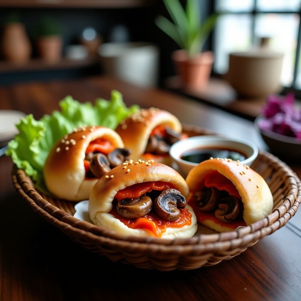 Bao veganos al estilo street food chino, rellenos de hongos portobello marinado y kimchi, dorados y esponjosos, servidos en papel de horno con semillas de sésamo espolvoreadas.