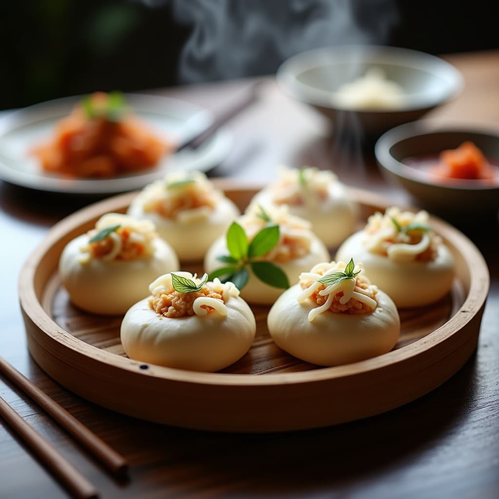 Bao veganos al vapor rellenos de jackfruit desmenuzado y kimchi de rábano daikon, con hojas de perilla asomando, servidos en una vaporera de bambú sobre mesa de madera oscura. Receta china en olla express con fermentados.