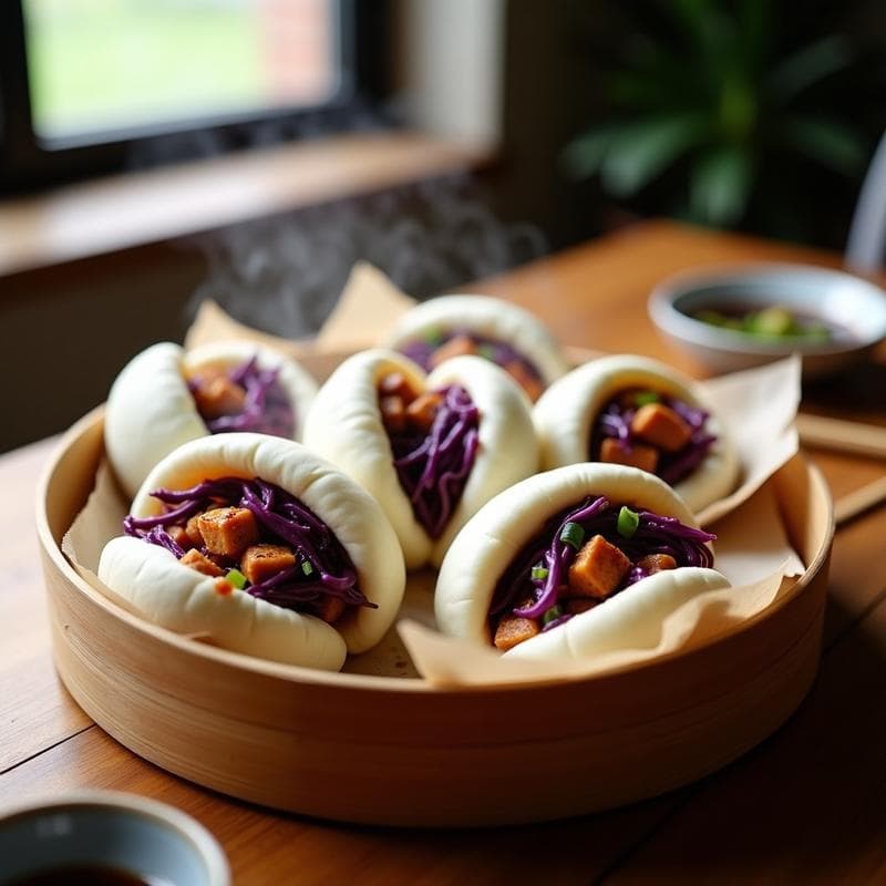 Bao veganos al vapor rellenos de tofu teriyaki y col morada, servidos en una vaporera de bambú sobre una mesa de madera con salsa de soja al lado. Receta japonesa casera y fácil.