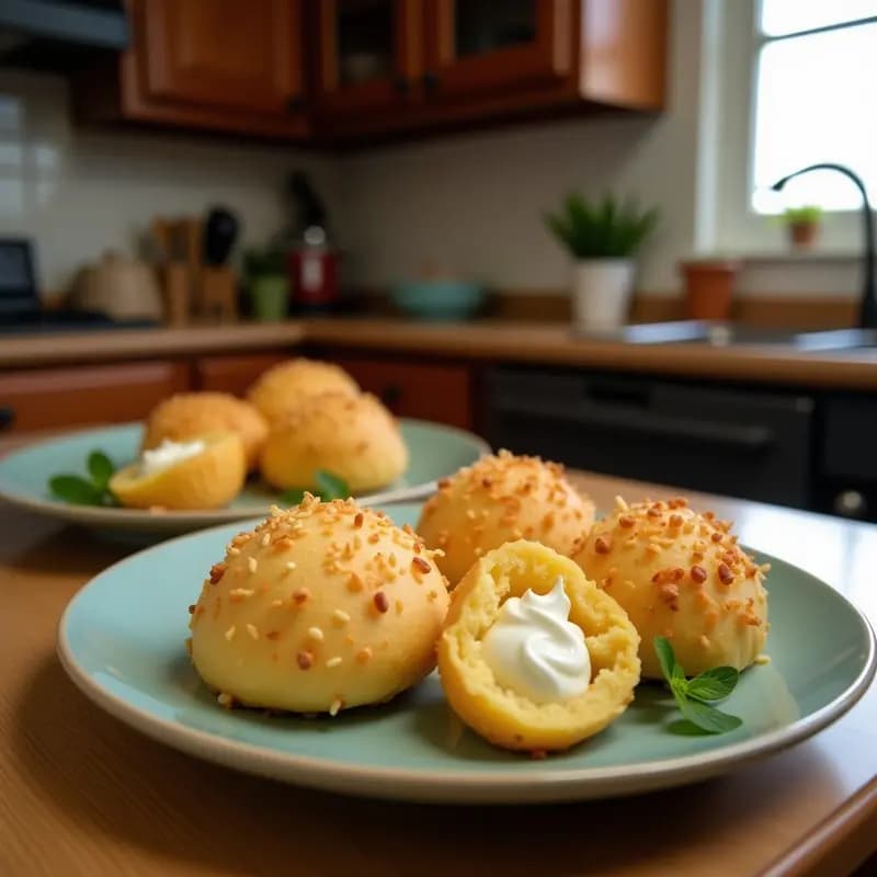 Panecillos dorados de Bão de Gôessions Brasilero de yuca y coco con relleno de crema de guayaba, servidos en un plato de cerámica blanca con coco rallado espolvoreado y hojas de menta fresca.