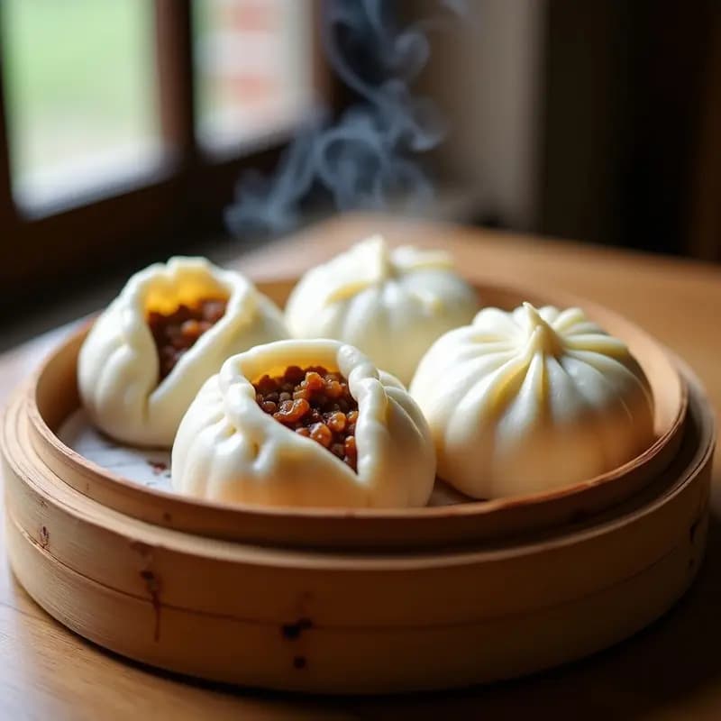 Baozi chinos al vapor rellenos de cerdo y cebolla servidos en olla de bambú, con masa esponjosa y pliegues en espiral, acompañados de salsa de soja y jengibre en juliana.