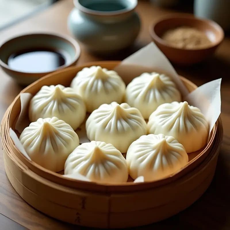 Vaporera de bambú con BAozi chinos al vapor, panecillos esponjosos y blancos rellenos de carne de cerdo y repollo, dispuestos en círculos perfectos sobre papel de hornear. Al fondo, salsa hoisin y semillas de sésamo para acompañar. Receta tradicional china para desayunar.