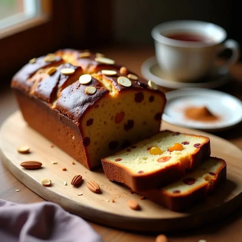 Bara Brith galés tradicional sin azúcar, pan dulce oscuro con frutas escarchadas y almendras, cortado en rebanadas gruesas sobre tabla de madera rústica.
