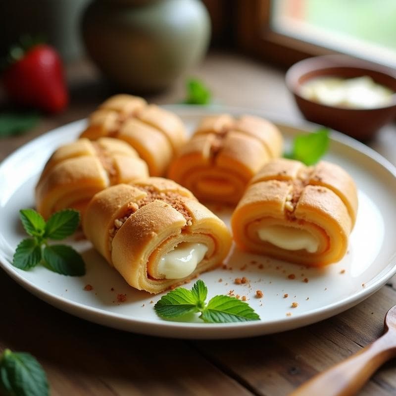 Barquillos dorados y crujientes de canela y semillas de lino rellenos de crema de queso vegano de anacardos, servidos en un plato blanco con un toque de canela espolvoreada y hojas de menta como decoración.