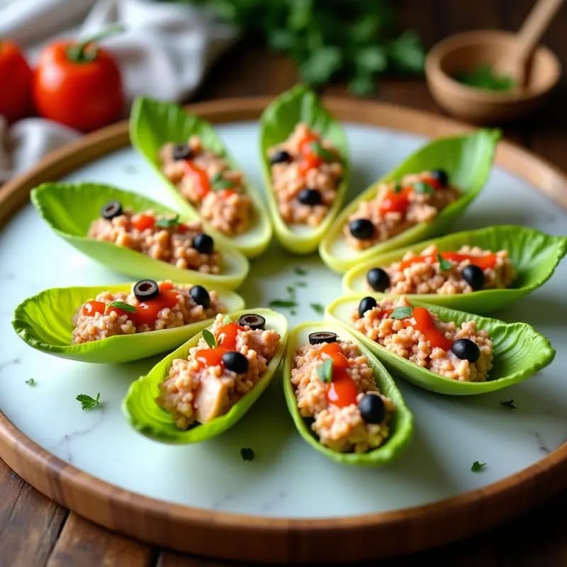 Barquitos de Endibia Rellenos de Ensalada de Atún y Huevo con Salsa Rosa