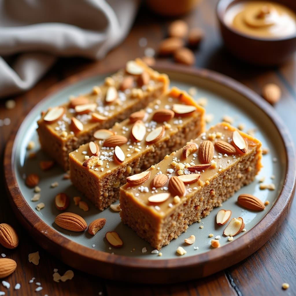 Barras energéticas rectangulares de proteína de guisante y avena con salsa de cacahuete, espolvoreadas con virutas de coco y almendras fileteadas, servidas en un plato de madera rústico.
