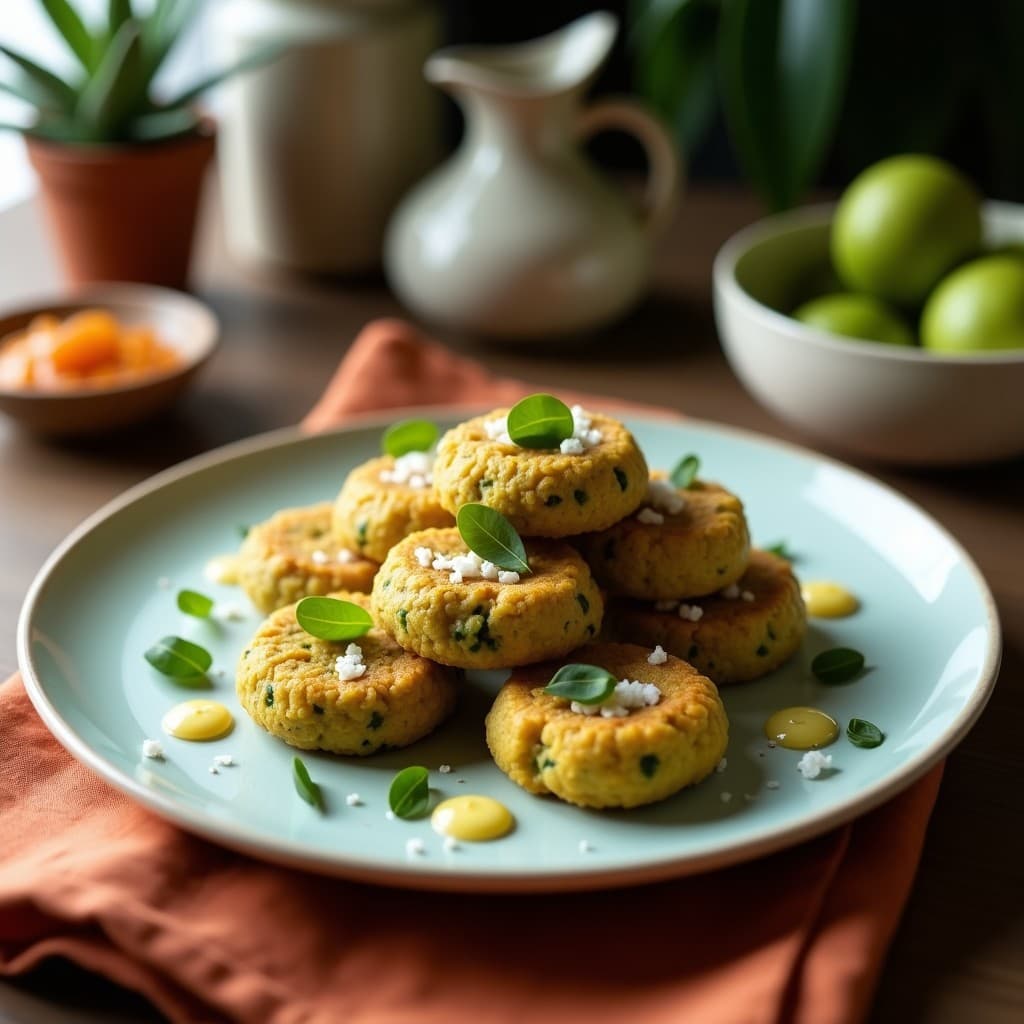 Barritas energéticas verdes con trozos de almendra, textura compacta y brillo natural, servidas sobre un plato de madera con hojas de menta y un fondo rústico.