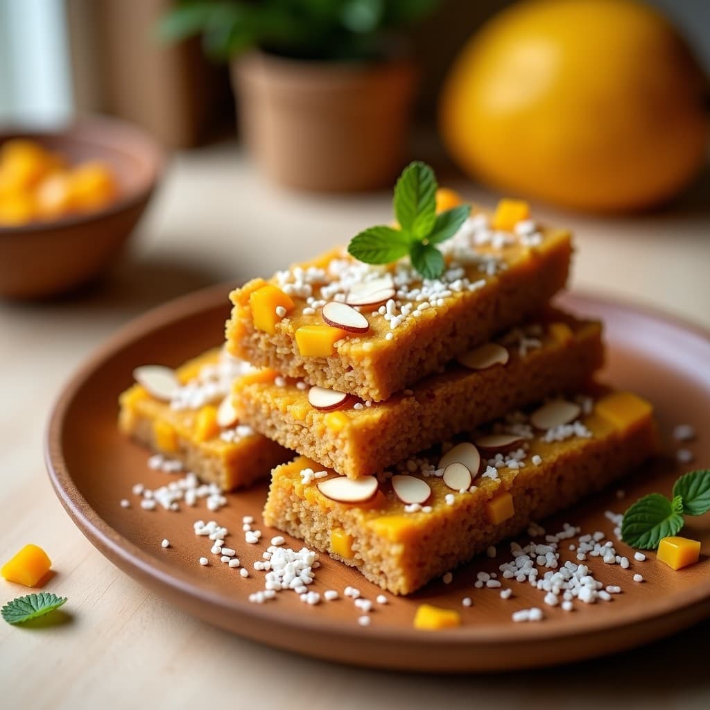 Barritas de amaranto y mango deshidratado apiladas en un plato de madera rústico, con trozos dorados de amaranto inflado y mango naranja visibles. Snack energético peruano sin azúcar, decorado con coco rallado y almendras fileteadas.