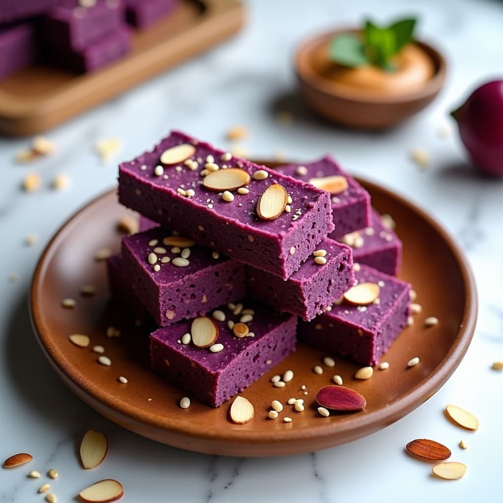 Barritas rectangulares de color morado intenso con semillas de sésamo y almendras fileteadas en la superficie, cortadas y apiladas sobre un plato de madera rústica. Snack energético sin horno y alto en magnesio, con textura densa y acabado brillante.