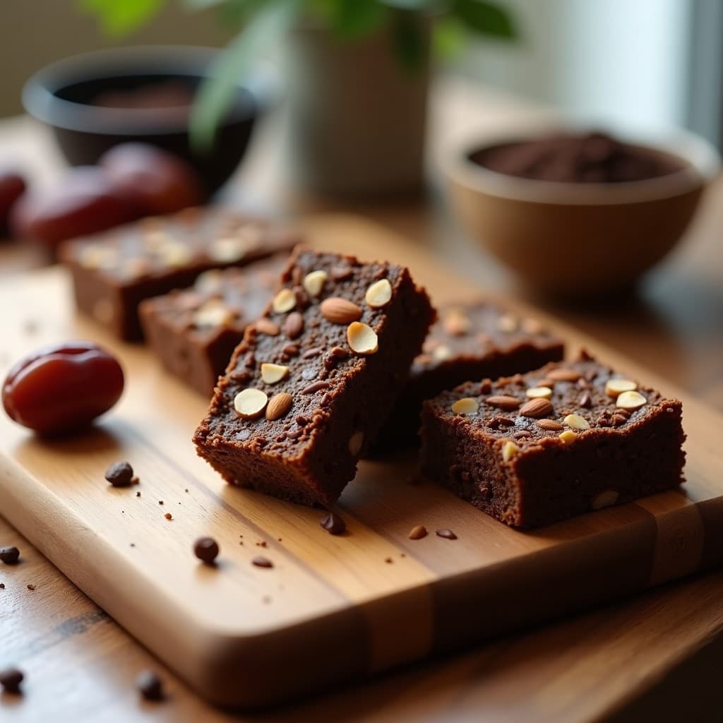 Barritas energéticas de café y dátiles cortadas en rectángulos, con textura densa y trozos de almendra visibles, sobre fondo de madera rústica. Ideal post-entreno sin azúcar ni horno.