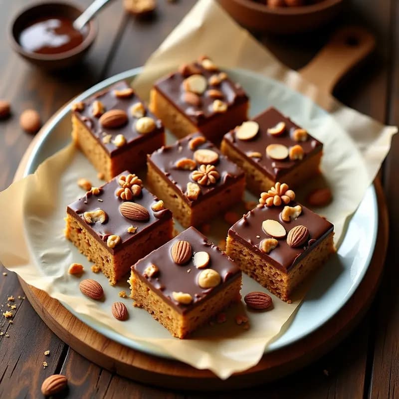 Barritas de cereal caseras doradas con capa de chocolate brillante, trozos de almendras y nueces visibles, sobre papel de horno rústico, receta energética y adictiva.