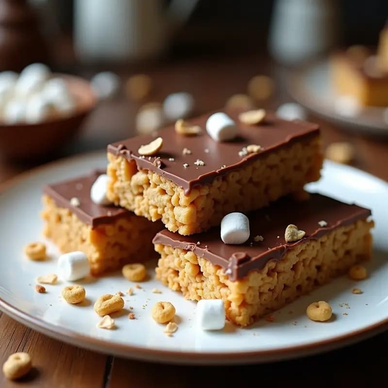 Barritas crujientes de cereal con marshmallows y chocolate con leche cortadas en rectángulos, con capas visibles de cereales y chocolate brillante, sobre un plato blanco rústico.