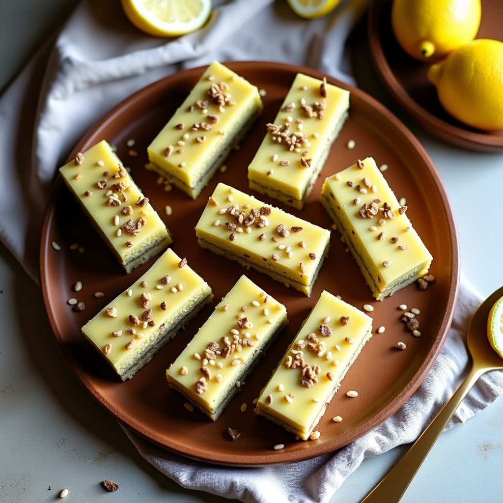 Barritas rectangulares doradas de semillas de chía y puré de alcachofa, con semillas de sésamo tostadas en la superficie, servidas sobre un plato de madera rústica con fondo neutro. Snack vegano y prebiótico.