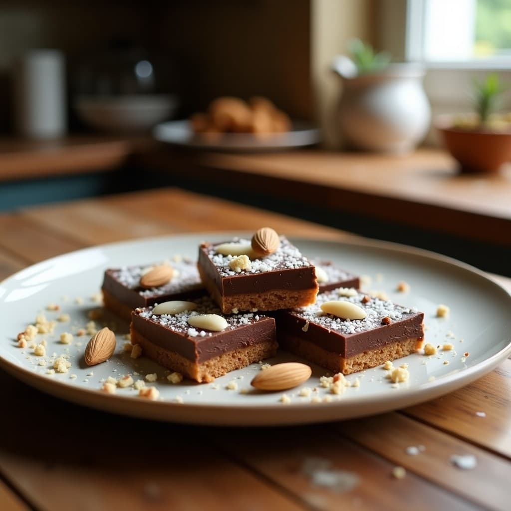 Barritas keto crudiveganas de coco y almendra en capas con chocolate 90%, cortadas en porciones rectangulares sobre papel vegetal, con textura crujiente y brillo del chocolate fundido.