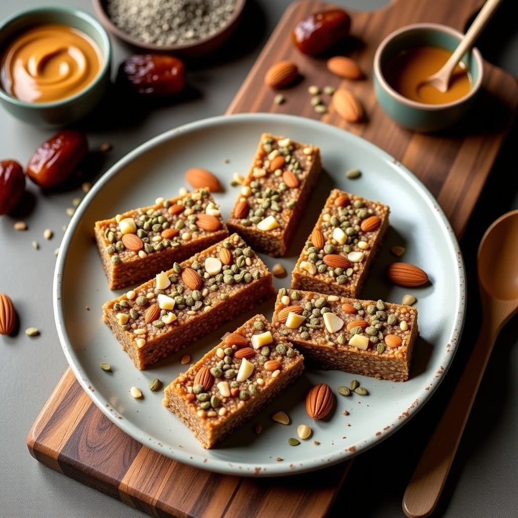 Barritas energéticas veganas de dátiles y semillas de cáñamo cortadas en rectángulos, con textura compacta y trocitos de almendras visibles, sobre un fondo de madera rústica con semillas de chía y cáñamo esparcidas.