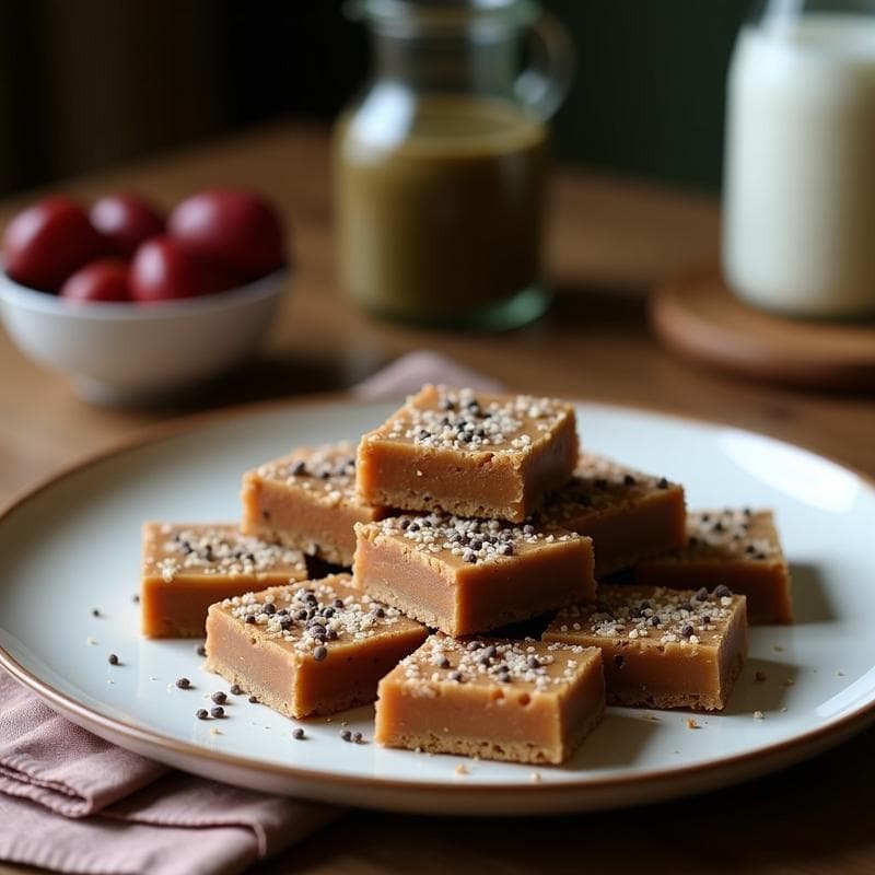 Barritas energéticas de dátiles y coco con semillas de chía cortadas en rectángulos, dispuestas sobre una tabla de madera rústica con fondo claro. Se aprecian trozos de almendra y coco rallado en la superficie.