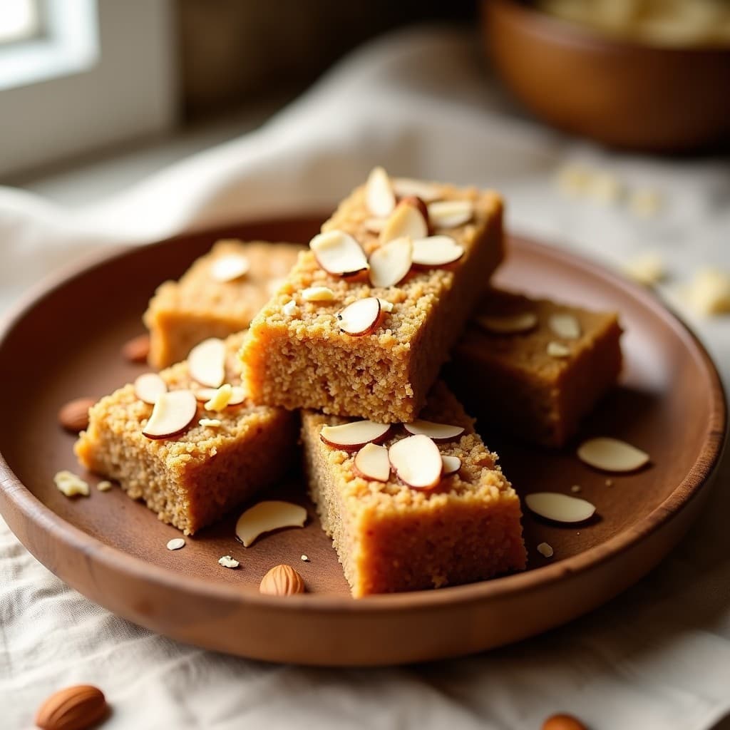 Barritas energéticas de dátiles y polvo de lucuma sin azúcar, cortadas en rectángulos y apiladas sobre un plato de madera rústico, con semillas de chía y coco rallado visibles en la superficie. Snack andino saludable.