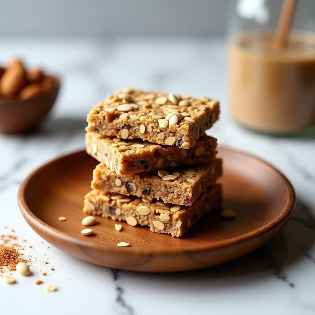Barritas energéticas de avena y almendras sin azúcar, apiladas en un plato de madera rústico con fondo blanco. Textura crujiente por fuera y tierna por dentro, con trozos visibles de almendras y semillas de girasol. Receta sin horno para taurina natural.