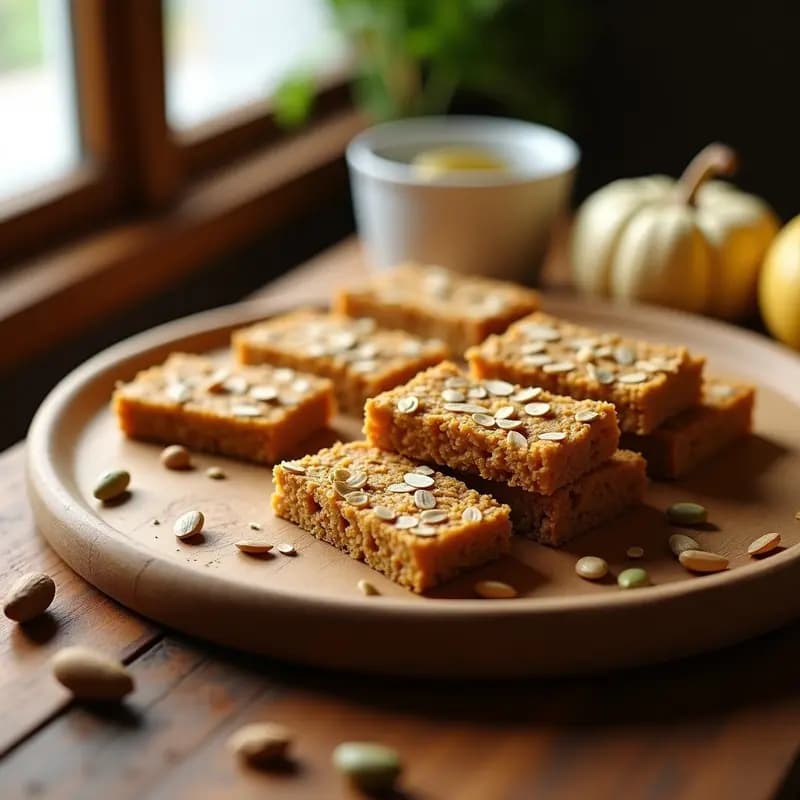 Barritas energéticas de cacahuete y avena cortadas en porciones rectangulares, con textura dorada y compacta, sobre un fondo rústico de madera con semillas de girasol y pipas de calabaza esparcidas. Snack vegano sin azúcar para deportistas.
