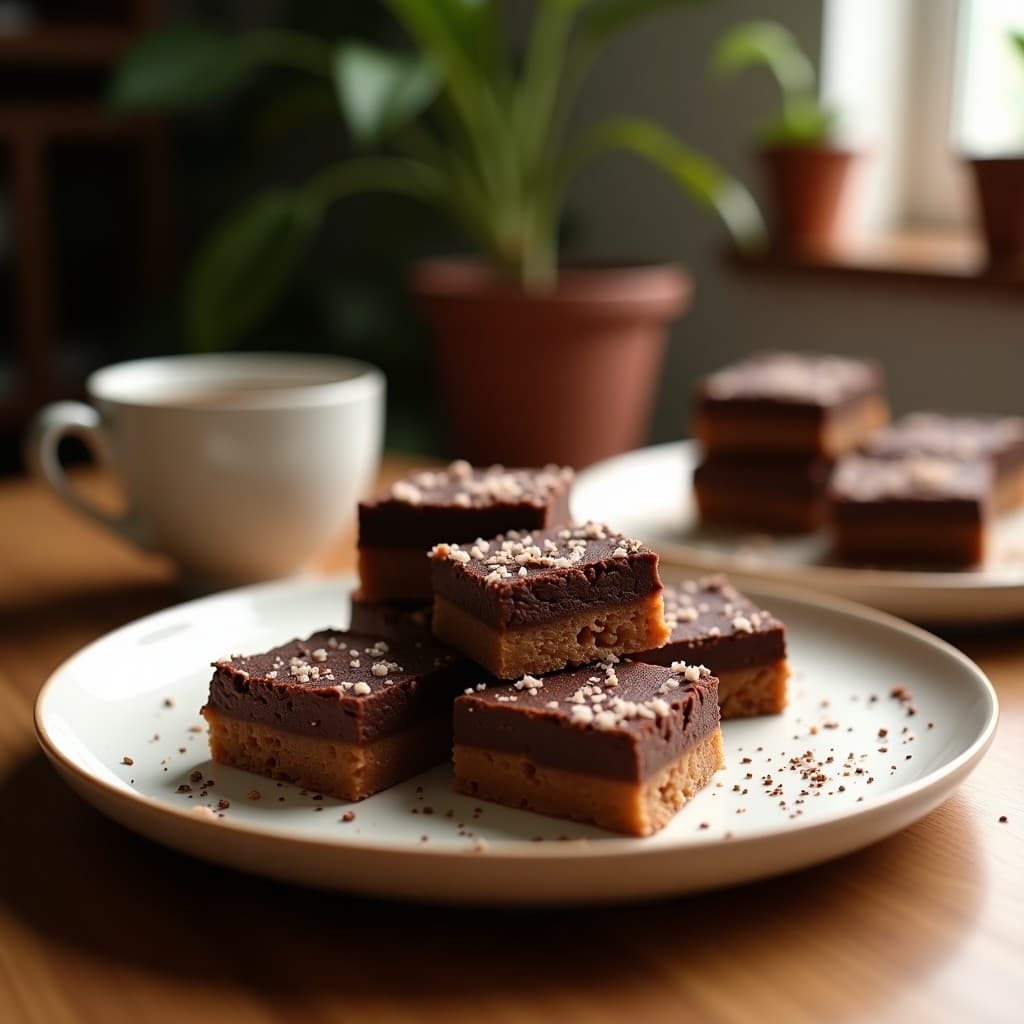 Barritas energéticas de cacao y cacahuete sin horno, apiladas en un plato de madera con cacahuetes enteros y cacao en polvo espolvoreado alrededor. Textura crujiente por fuera y cremosa por dentro, ideal para deporte.