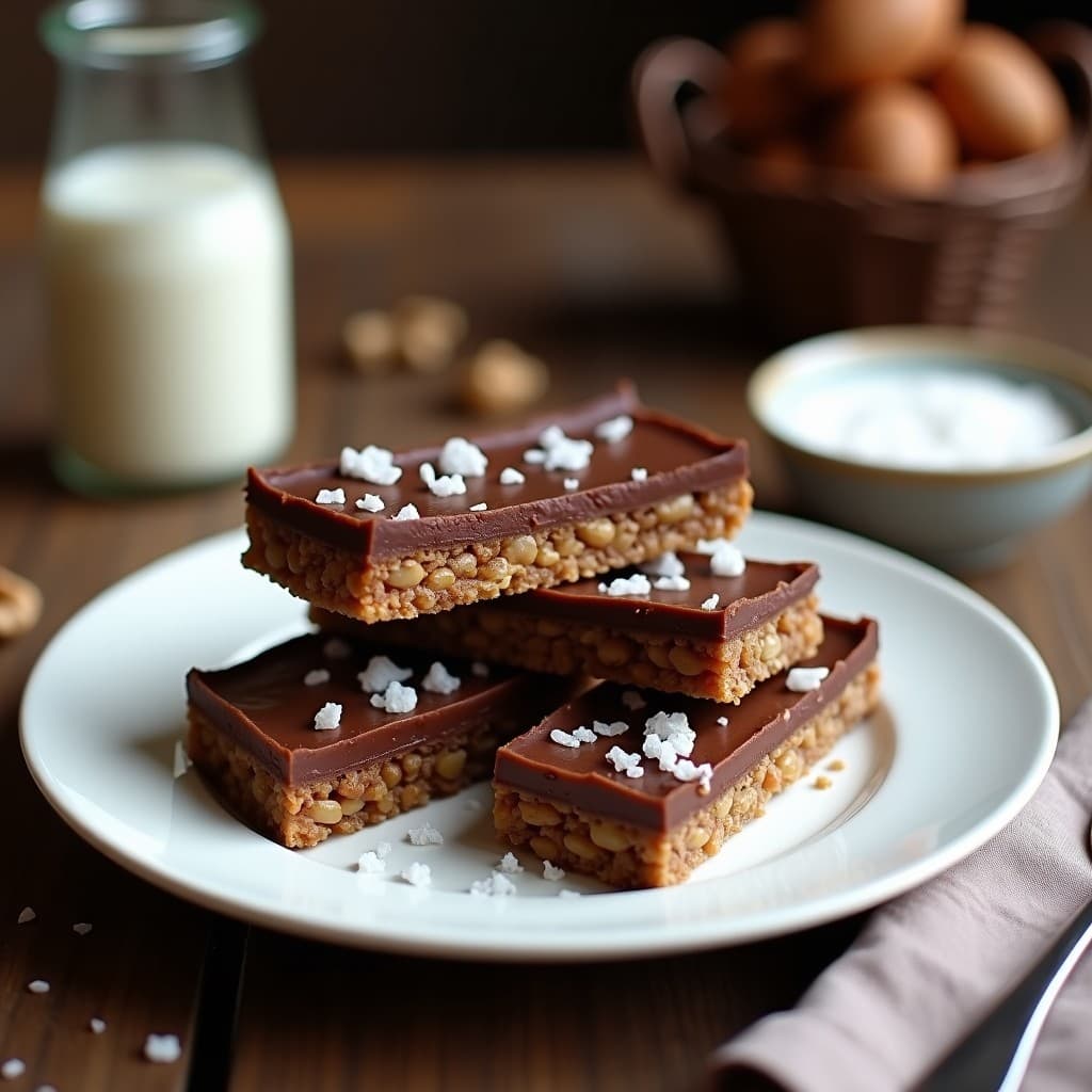 Barritas energéticas crudiveganas de dátiles, nueces y cacao con sal marina en escamas, cortadas en porciones rectangulares sobre un plato de madera rústica, con fondo borroso de ingredientes naturales.