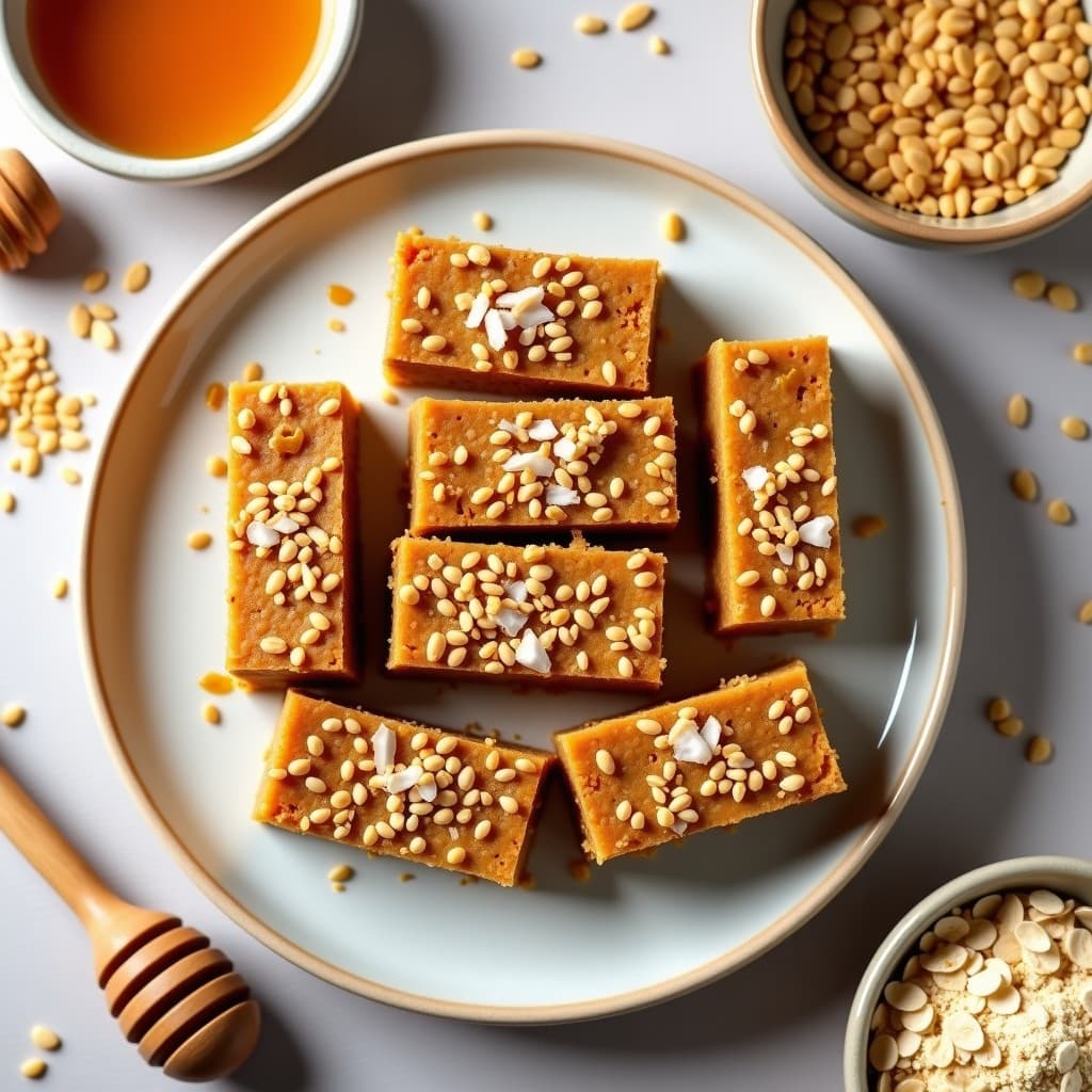 Barritas energéticas de polvo de grillo y miel cortadas en rectángulos, con textura dorada y crujiente. Semillas de sésamo y coco rallado visibles en la superficie. Fondos neutros con ingredientes como avena y miel al lado.
