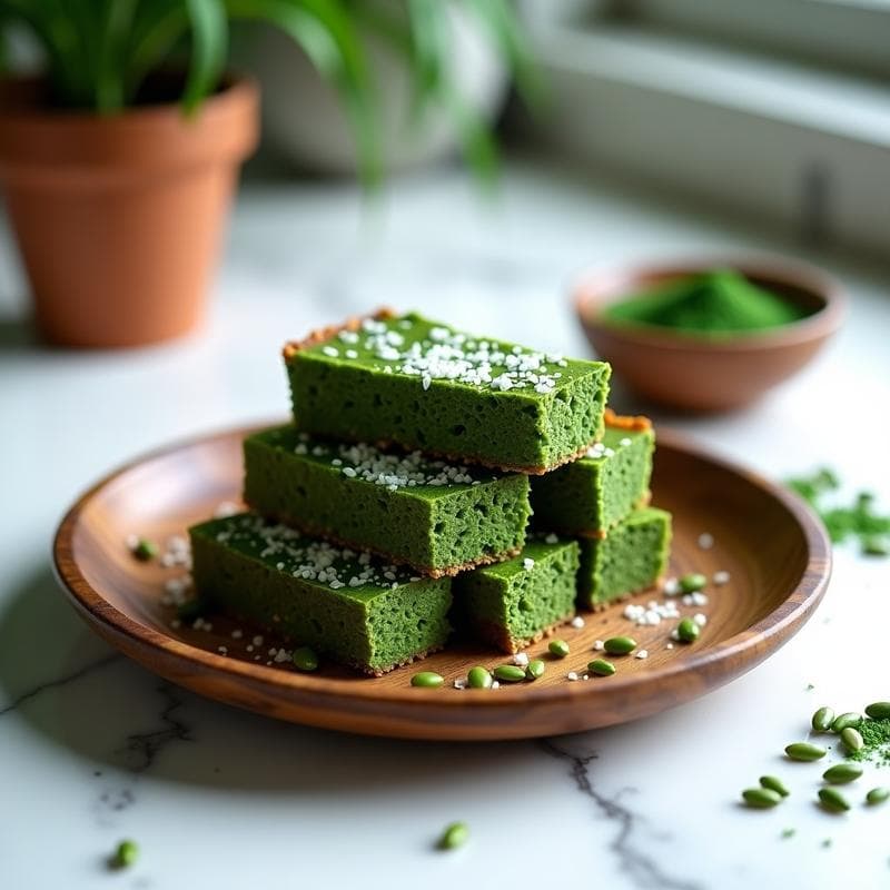 Barritas energéticas rectangulares de color verde intenso por la espirulina, con trocitos visibles de semillas de calabaza y girasol, apiladas sobre un plato de madera con fondo blanco. Snack vegano alto en proteína para deporte.