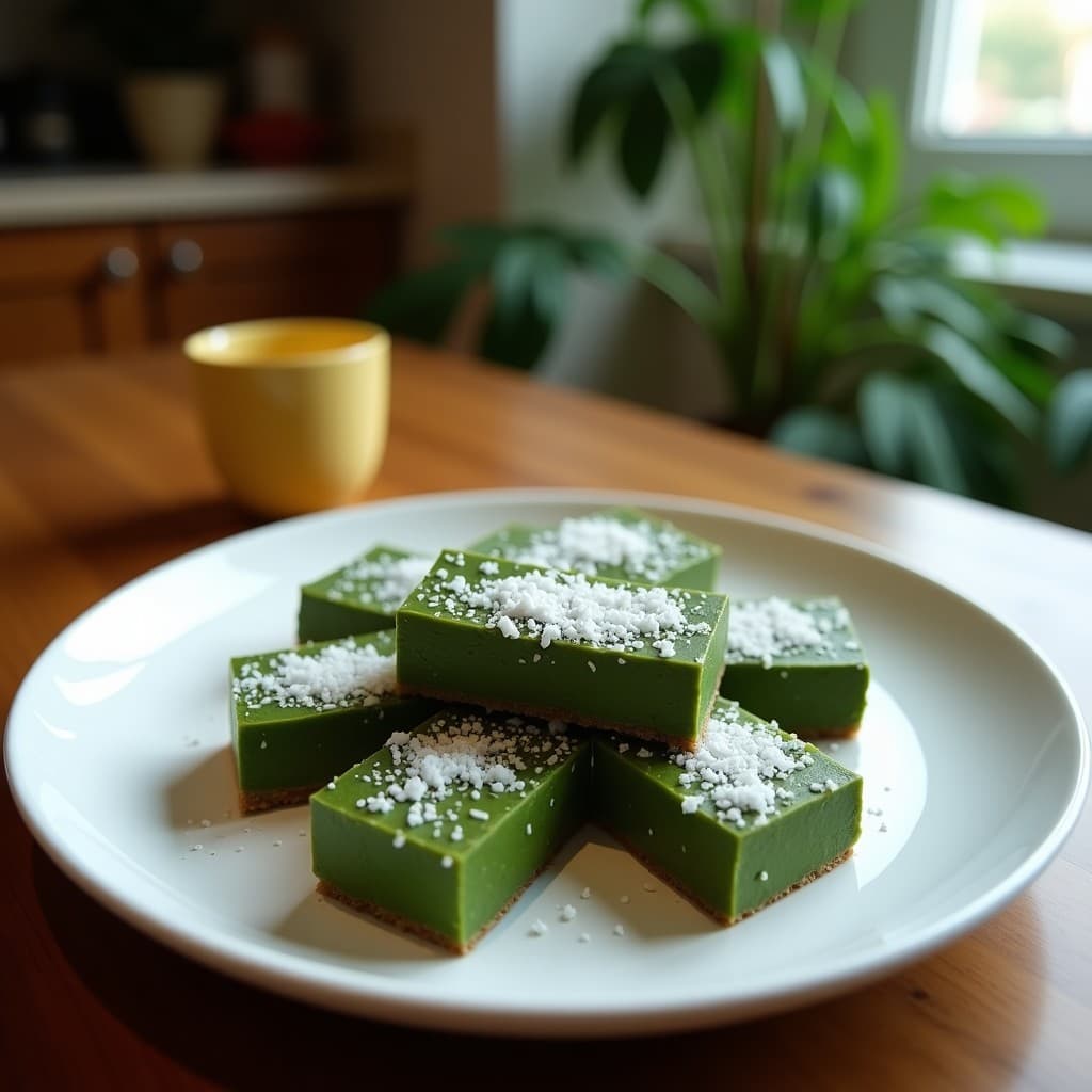 Barritas energéticas de spirulina y coco veganas, de color verde oscuro con trozos de coco rallado y semillas de sésamo tostadas, apiladas en un plato de madera rústica con fondo claro.
