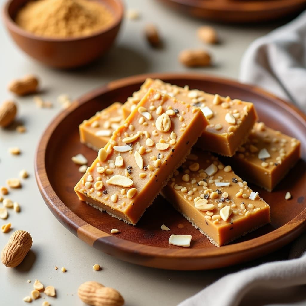 Barritas energéticas keto de harina de bugs y mantequilla de cacahuete, cortadas en rectángulos, con textura compacta y copos de coco visibles, servidas sobre un plato de madera rústico con fondo neutro.